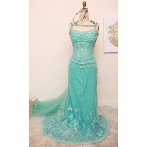 Ethereal Aqua Floral Appliqué & Lace Gown w Train